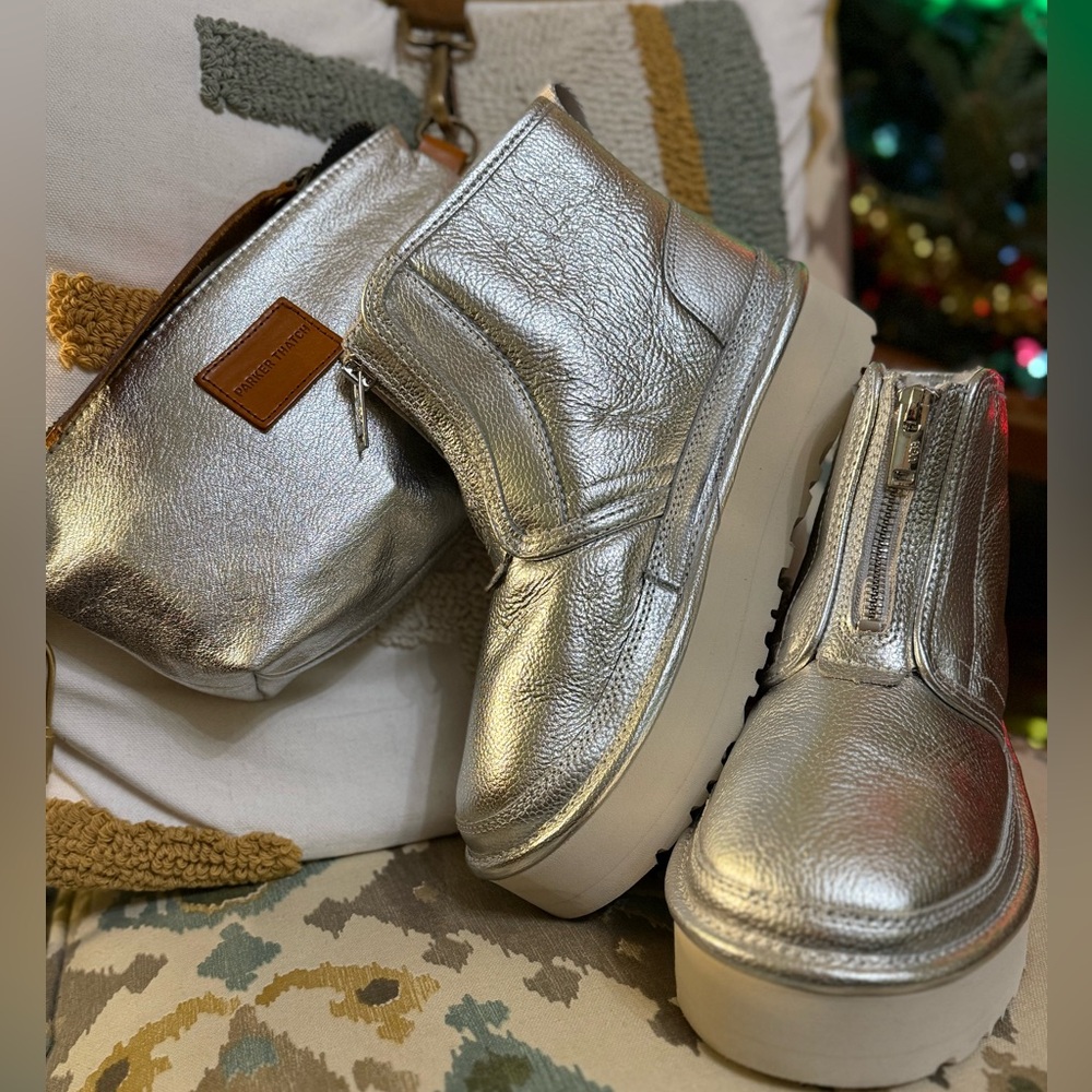 Women’s Neumel Metallic Sheepskin Platform Boots Zip Up #7 38